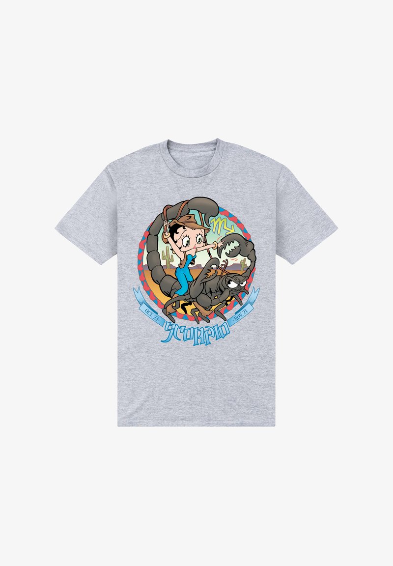 Grå bomulds t-shirt med et cartoon design af en kvinde med en skorpion og en sort kat, omkranset af farverige elementer og tekst.