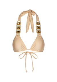 Beige bikini-top met driehoekige cups, strikjes rond de hals en drie gouden accentbanden met juweelachtige details aan elke kant. Zachte textuur.