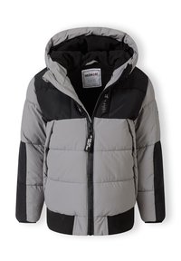 Pelēka un melna polsterēta jaka ar rāvējslēdzēju, kapuci, ribotām piedurknēm un logotipa akcentiem uz rāvējslēdzēja un piedurknes. Mīksta tekstūra, kontrastu dizains.