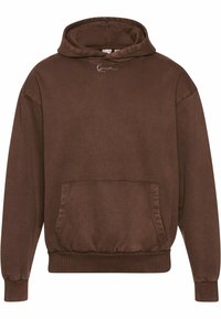 Sweat à capuche marron avec poche kangourou à l'avant et petit logo brodé blanc sous l'encolure.