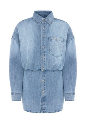 Jeanshemdkleid in Hellblau, mit Knopfleiste, Kragen, Brusttasche und gerafftem Bund. Weicher Stoff, lange Ärmel.