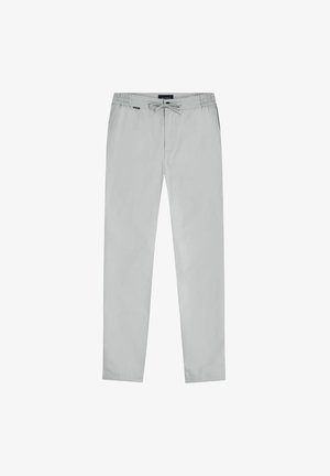 Light gray casual pants with elastic waistband and drawstring, straight cut, and side pockets.