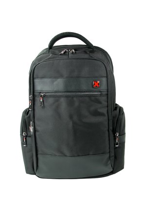Black fabric backpack with textured surface, multiple zippered compartments, a padded handle, and a red logo accent.