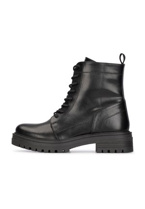Stivaletti neri in pelle con design lace-up, suola spessa e una linguetta sul retro. Superficie liscia con cuciture dettagliate.