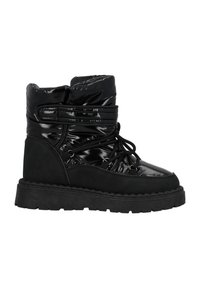 Svart ankelboot med glänsande syntetiskt ovandel, mockadetaljer, rund tå, snörningsdesign och en kraftig strukturerad sula.