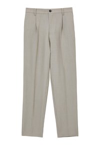Helle graue Hose aus glattem Stoff, mit einem flachen Bund, zwei Falten und einem einzelnen Knopfverschluss. Gerades Bein-Design ohne sichtbare Muster.