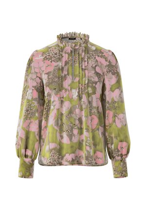 Langärmlige Bluse mit hohem Rüschenkragen und rosa-grünem Blumenmuster auf leicht transparentem Stoff.