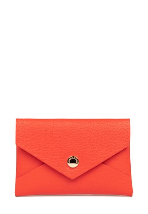 Orange textured leather envelope wallet with a snap closure and a gold circular logo accent. Slim design with a triangular flap.