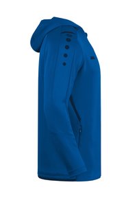 Felpa blu con cappuccio caratterizzata da una trama liscia, tasche laterali con zip e dettagli a pois sulle spalle. Realizzata in tessuto leggero e traspirante.