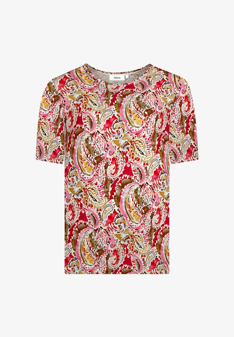 Kurzarmoberteil mit einem bunten Paisleymuster in Rot, Pink, Gelb und Braun auf einem glatten Stoff und Rundhalsausschnitt.