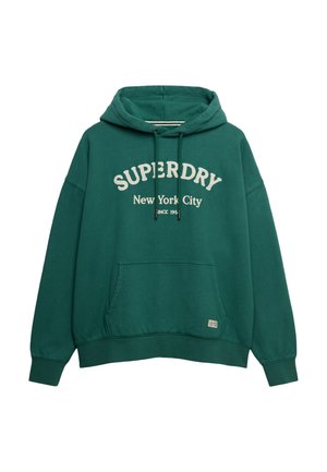 Grüne Sweatjacke aus Baumwolle mit einer Kängurutasche, Kapuze mit Kordelzug und weißem Drucktext-Logo: "SUPERDRY New York City."