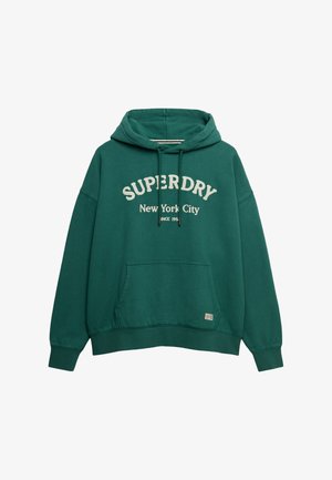 Grüne Sweatjacke aus Baumwolle mit einer Kängurutasche, Kapuze mit Kordelzug und weißem Drucktext-Logo: "SUPERDRY New York City."
