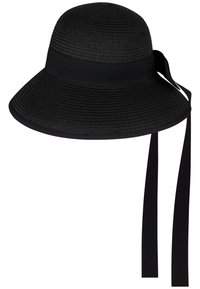 Schwarzer Strohhut mit breiter Krempe und strukturierter Oberfläche. Verfügt über ein einfarbig schwarzes Stoffband und zwei lange Bänder hinten.
