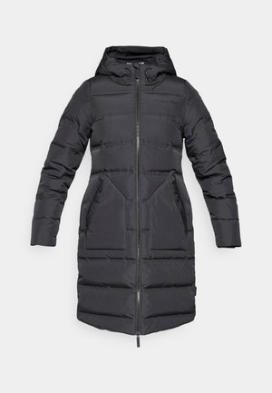 Must musta jope kapuutsiga, tikanditud disainiga, pika varrukaga, esiikutiga ja kahe küljetaskuga. Rinnal on diskreetne bränding.