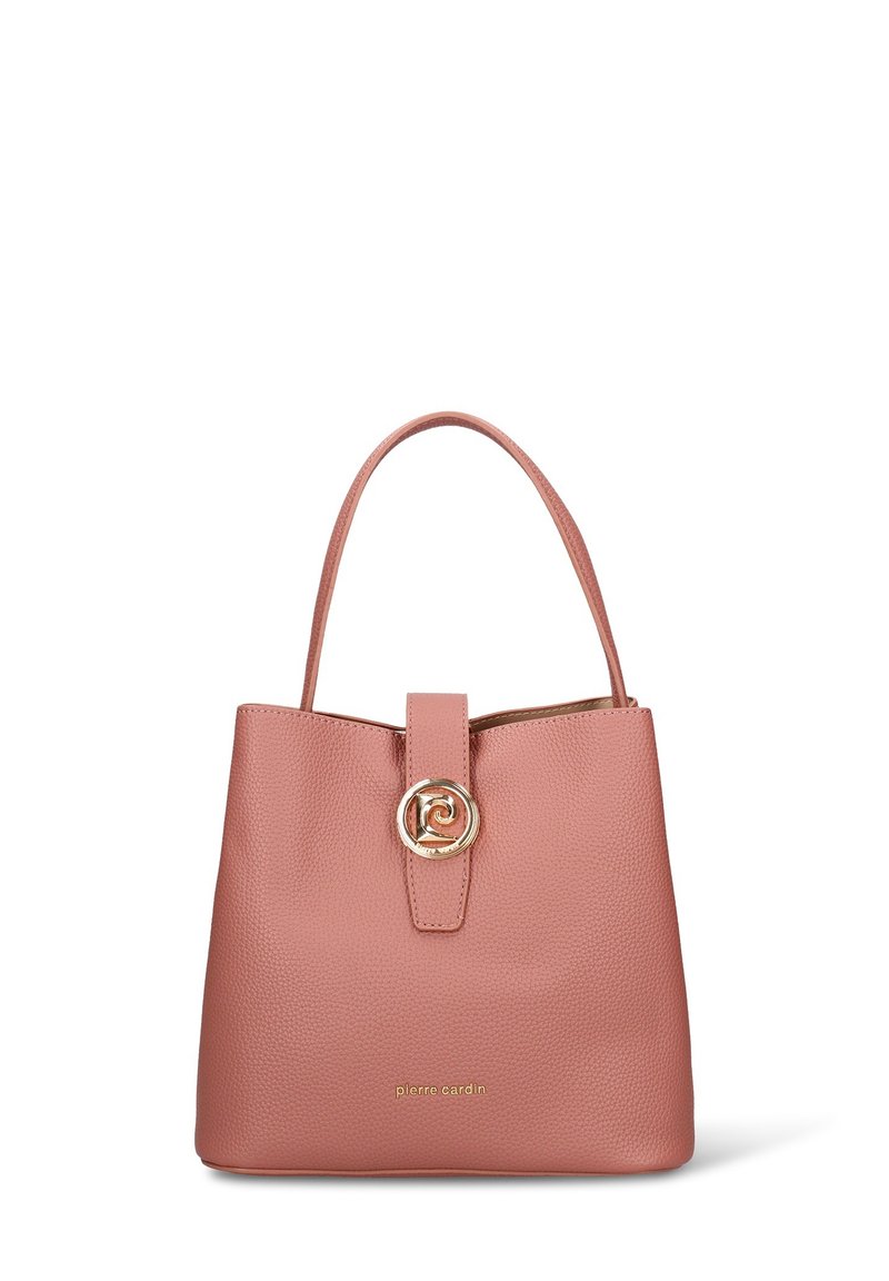 Borsa a mano in pelle rosa testurizzata con accessorio in metallo dorato a forma circolare, manico superiore e cinturino piatto di chiusura. Logo visibile sul davanti.