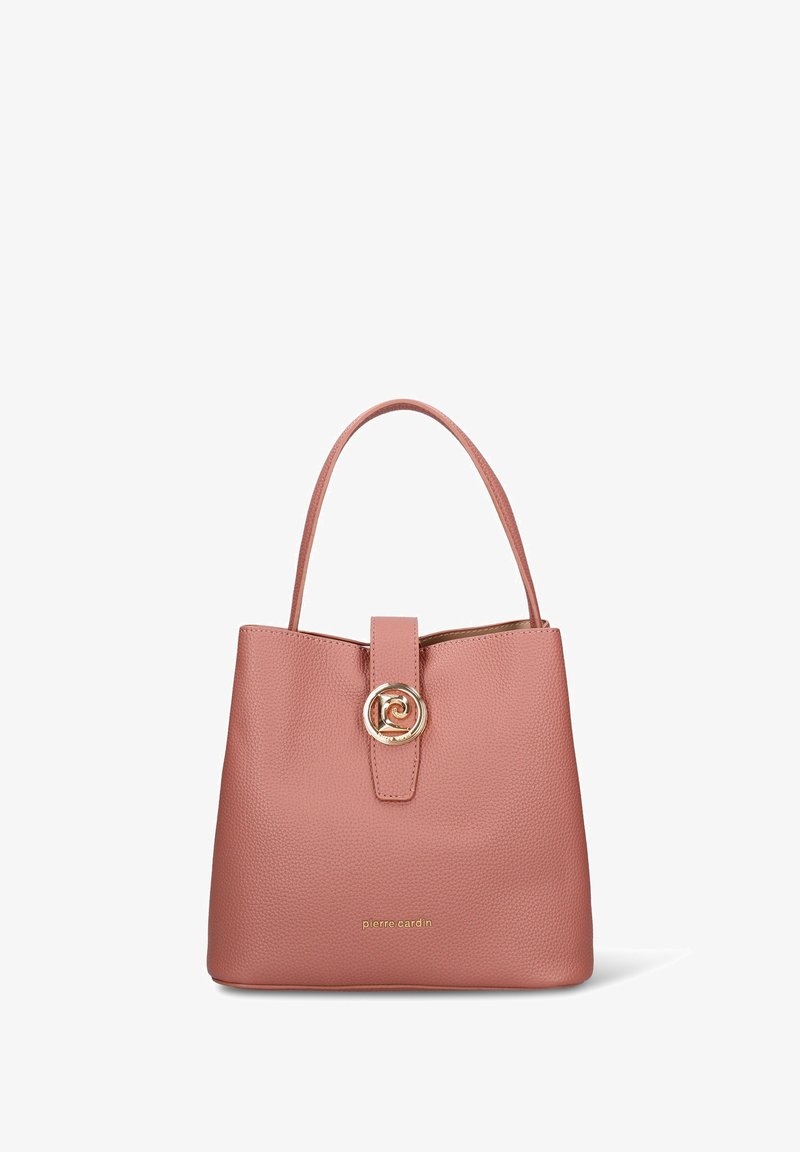 Borsa a mano in pelle rosa testurizzata con accessorio in metallo dorato a forma circolare, manico superiore e cinturino piatto di chiusura. Logo visibile sul davanti.