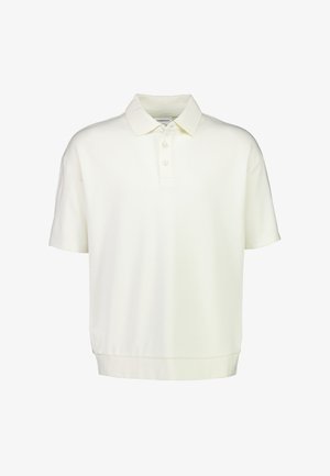 White polo shirt made of lightweight fabric, featuring a classic collar, three-button placket, and short sleeves with a relaxed fit.