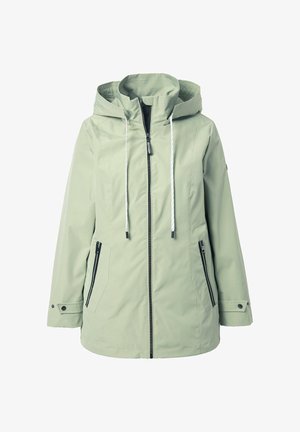 Hellgrüne Kapuzenjacke mit Frontreißverschluss, Kordelzugkapuze, seitlichen Reißverschlusstaschen und knopfförmigen Manschetten.