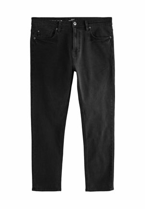 Schwarze Denim-Jeans im Slim Fit mit Fronttaschen, einem Reißverschluss und einem einzigen Knopfverschluss. Glatte Textur mit minimalen Details.