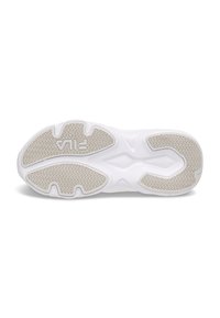 Talpa de pantof sport albă cu un design din cauciuc texturat, având un model în țesătură de pește și un logo. Formă curbată cu accente bej contrastante.