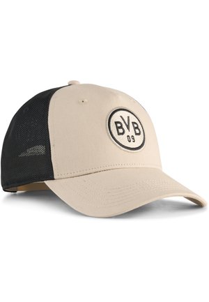 Beige og sort baseballkasket med netstof bagtil og broderet BVB 09-logo på frontpanelet.