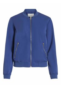 Chaqueta bomber azul con cremallera frontal, bolsillos laterales con cremallera, cuello, puños y cinturilla acanalados, etiquetada "VILA" en el interior del cuello.