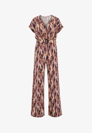 Patroon jumpsuit van lichtgewicht, zacht materiaal. Heeft een V-hals, korte mouwen, wijde pijpen en een bijpassende riem in de taille. Beschikbare kleuren zijn paars, geel en beige.