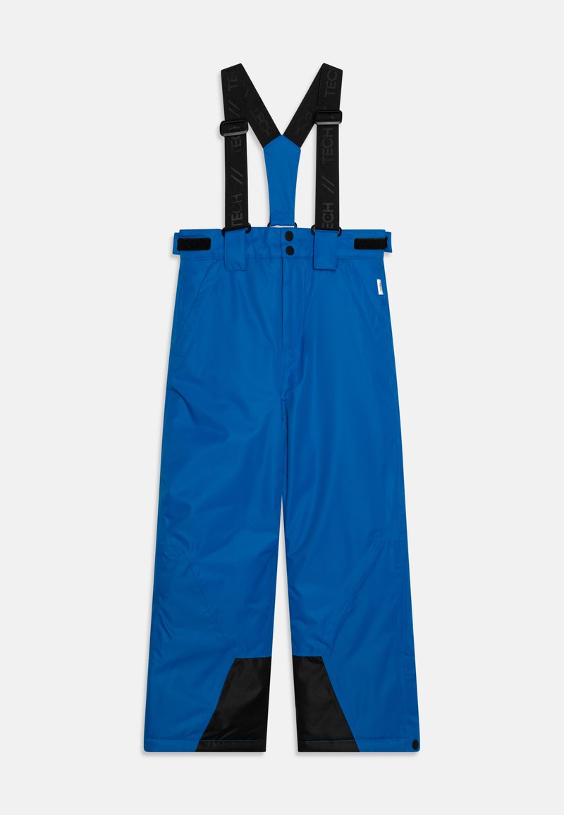 Blå snøbukser med justerbare svarte seler, laget av vanntett stoff, med sidelommer og svarte detaljer ved sømmene.