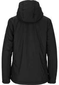Veste isolante noire avec capuche. Le tissu lisse et légèrement brillant présente un motif matelassé. Comprend des poignets élastiques et un cordon de serrage à l'ourlet.
