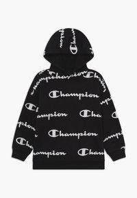 Felpa nera con cappuccio con logo "Champion" bianco e emblema circolare. Tessuto morbido con vestibilità standard e tasca frontale.