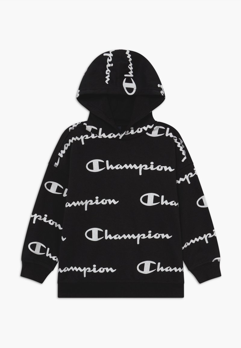 Felpa nera con cappuccio con logo "Champion" bianco e emblema circolare. Tessuto morbido con vestibilità standard e tasca frontale.