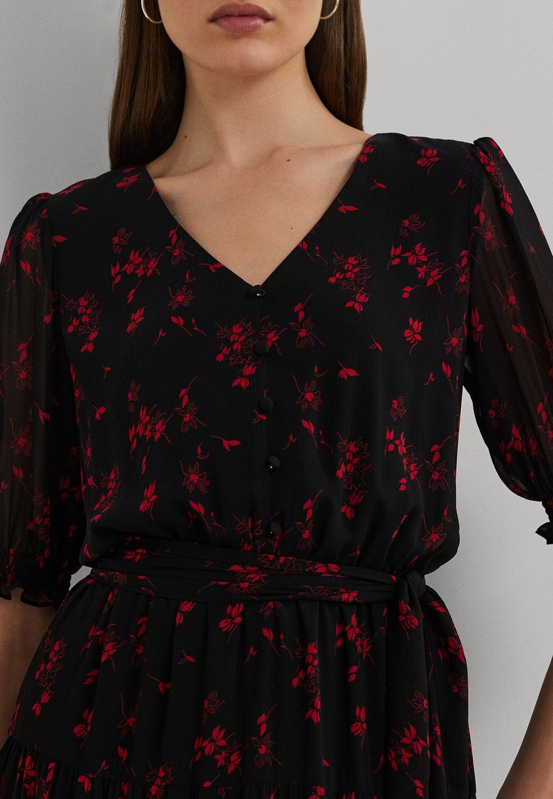 ralph lauren black dress with red flowers Ralph Lauren Wrapped Midi Dress Black/Red Floral
