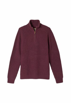 Herren Langarm Rippstrick Pullover in Dunkellila mit halbem Reißverschluss und Stehkragen vor weißem Hintergrund.