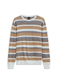 Sweter w paski z tanowymi, szarymi i białymi poziomymi paskami. Okrągły dekolt, ściągacze przy mankietach i u dołu; miękka, teksturowana tkanina.