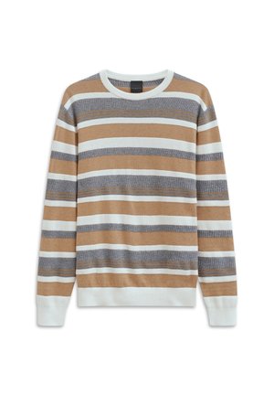 Gestreifter Pullover mit horizontalen Streifen in Beige, Grau und Weiß. Runder Ausschnitt, gerippte Bündchen und Saum; weicher, strukturierter Stoff.