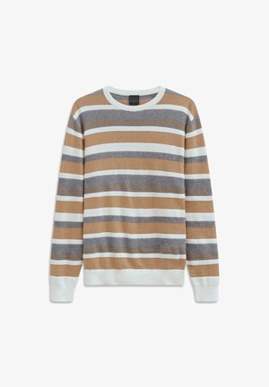 Gestreifter Pullover mit horizontalen Streifen in Beige, Grau und Weiß. Runder Ausschnitt, gerippte Bündchen und Saum; weicher, strukturierter Stoff.