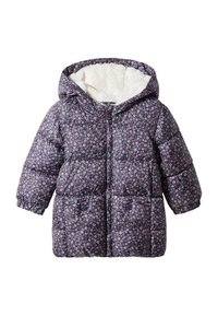 Veste d'hiver matelassée avec un motif floral violet, dotée d'une capuche doublée de fourrure, d'une fermeture éclair à l'avant et de boutons-pression.