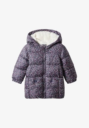 Ocieplana kurtka zimowa z kwiatowym wzorem w odcieniach fioletu, z kapturem wyściełanym futrem, przednim zamkiem błyskawicznym i zatrzaskami.