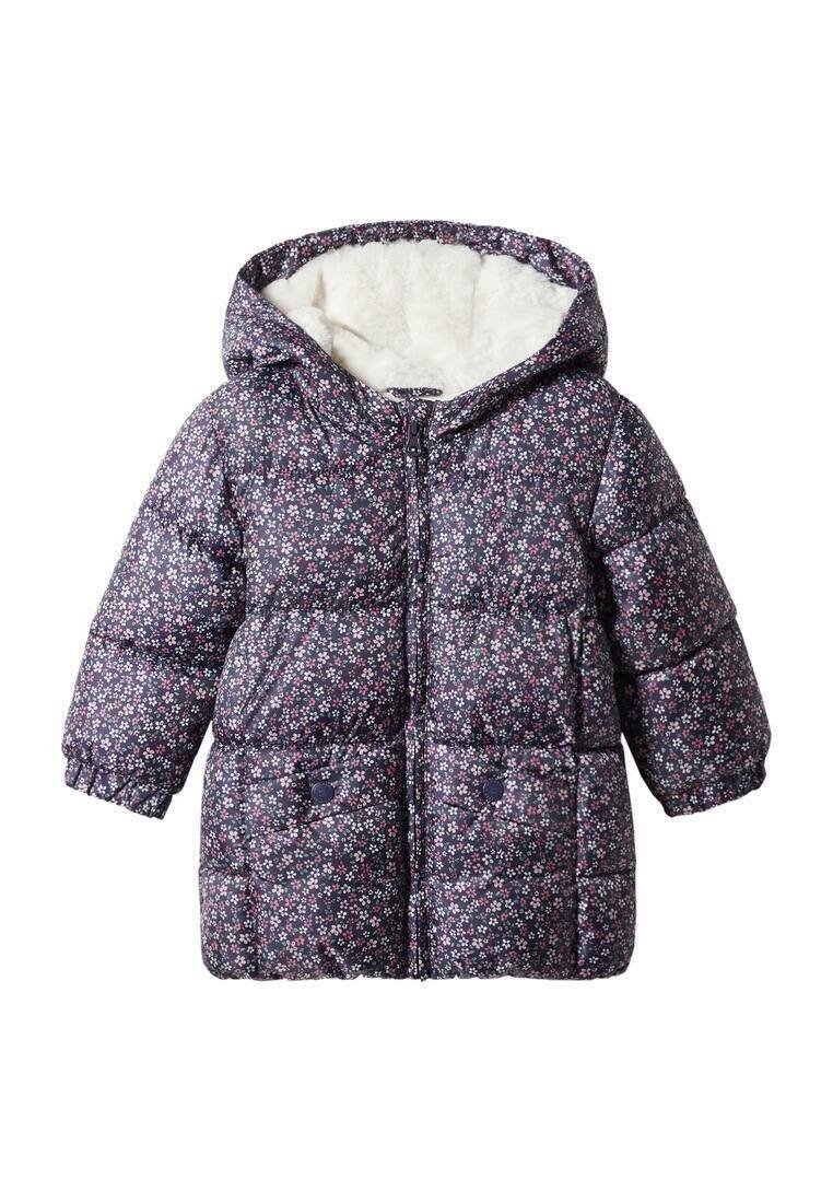 Veste d'hiver matelassée avec un motif floral violet, dotée d'une capuche doublée de fourrure, d'une fermeture éclair à l'avant et de boutons-pression.