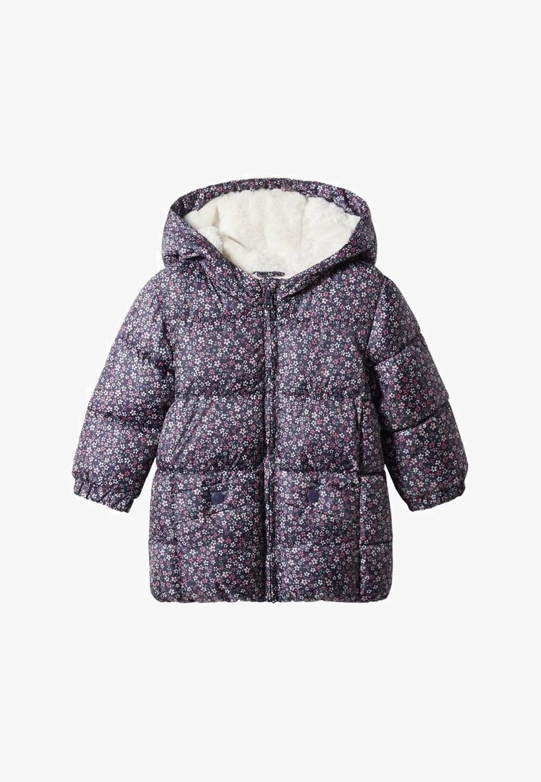 Veste d'hiver matelassée avec un motif floral violet, dotée d'une capuche doublée de fourrure, d'une fermeture éclair à l'avant et de boutons-pression.