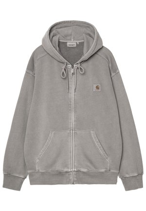 Jasnoszara bluza z kapturem na zamek błyskawiczny, z przednimi kieszeniami, sznurkami do ściągania, ściągaczami na rękawach oraz małą naszywką z logo Carhartt na piersi.