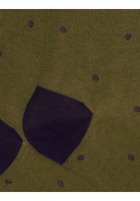 Calze verde oliva con talloni e punte viola scuro, caratterizzate da piccoli pois marroni su tutto il tessuto. Texture liscia.