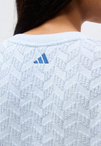 Ανοιχτό μπλε πλεκτό πουλόβερ με σχέδιο σε σχήμα «V» και ένα μικρό μπλε λογότυπο κοντά στη λαιμόκοψη στο πίσω μέρος, φορεμένο από άτομο με σκούρα μαλλιά.