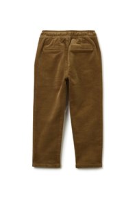 Braune Cordhosen mit elastischem Bund, ausgestattet mit zwei Gesäßtaschen und einem glatten, strukturierten Stoff. Klassische gerade Beinform.