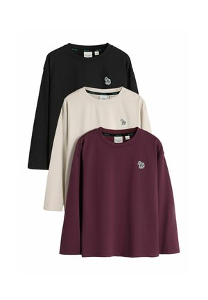 Three long-sleeve crew neck shirts in black, beige, and maroon, each with a small embroidered zebra logo on the left chest.