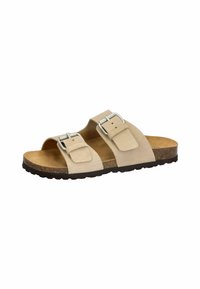 Beige sandals with two adjustable buckles, suede upper, cork footbed, and textured rubber sole for grip. Open-toe and flat design.