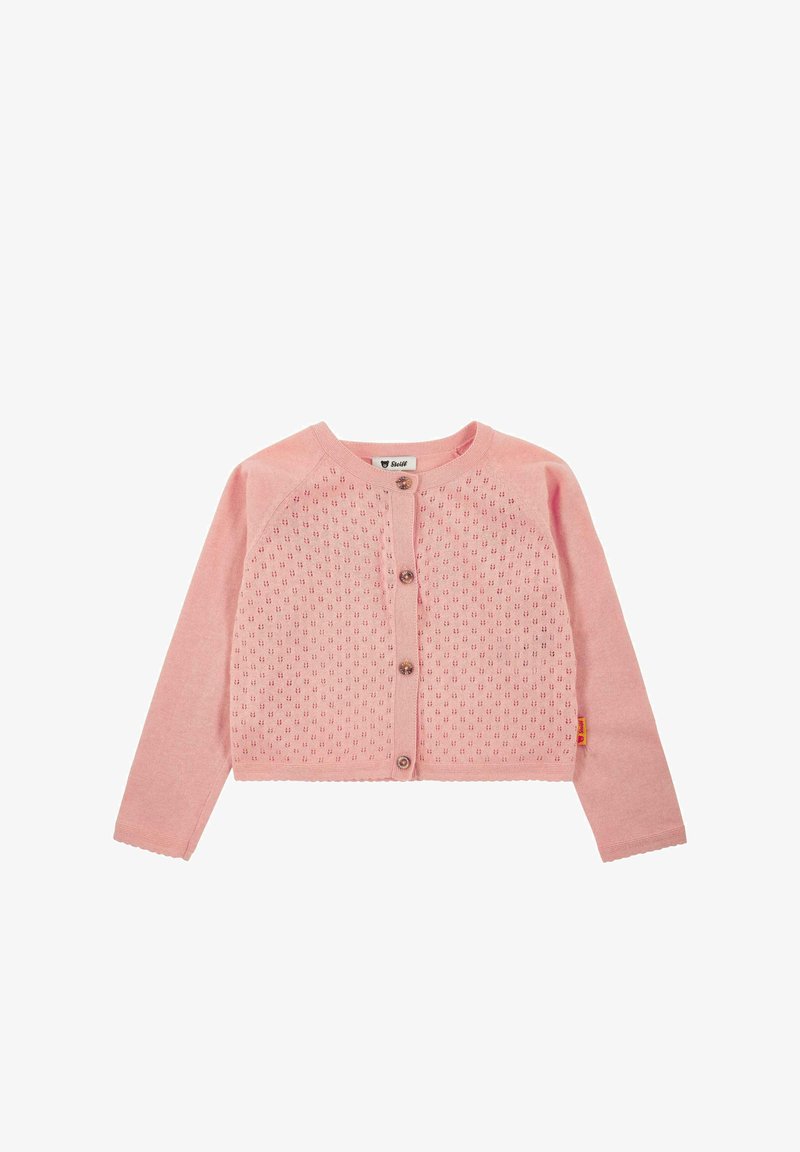 Cárdigan rosa de punto con mangas largas, que presenta un patrón texturizado y cierre frontal con cinco botones. Cuello redondeado, material suave.