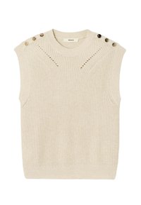 Un pull sans manches tricoté beige clair avec des boutons sur les épaules, un col ras du cou côtelé et des motifs de couture décoratifs.