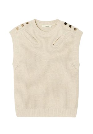 Un pull sans manches tricoté beige clair avec des boutons sur les épaules, un col ras du cou côtelé et des motifs de couture décoratifs.