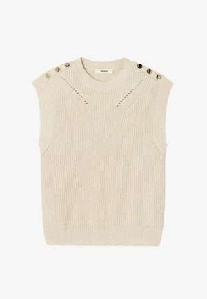 Un pull sans manches tricoté beige clair avec des boutons sur les épaules, un col ras du cou côtelé et des motifs de couture décoratifs.